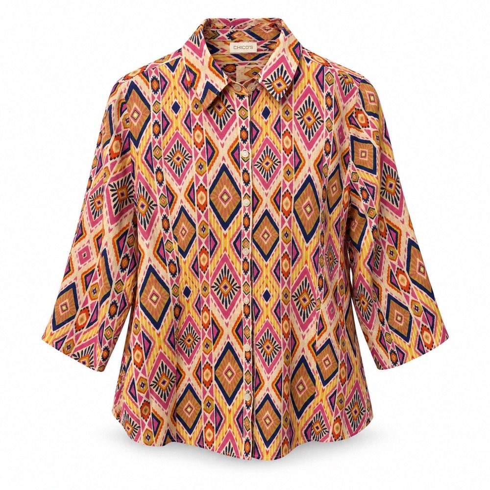 Chicos Linen Tunic Top Button Up Womens 2 L Ikat Geometric No Iron Boho 3/4